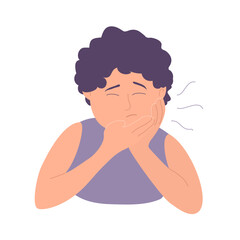 A young woman suffers from a toothache. Caries, pulpitis and pain. Symptom of dental disease. Tooth treatment. Character girl. Flat vector illustration isolated on white background