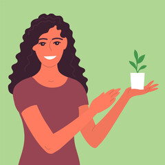 Girl with a young sprout in her hand. Springtime. Gardening training. Seedling care. Vector cartoon illustration
