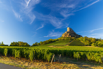 Obraz premium Rock of Solutre with vineyards, Burgundy, Solutre-Pouilly, France