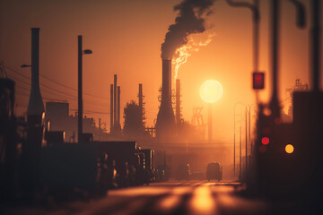 The image captures the vast expanse of an industrial area during sunset, with thick smoke from factories and power plants polluting the air.