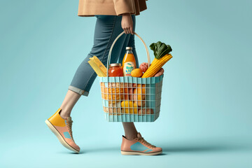 Creative pastel supermarket shopping concept, woman holds a basket full with groceries for her family. Economy and household savings. Generative AI.