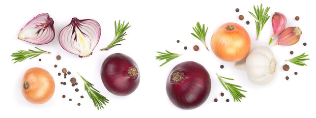 red onions with rosemary and peppercorns isolated on a white background. Top view. Flat lay