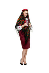 Beautiful adult Ukrainian women in national costume. Attractive Ukrainian woman wearing in traditional Ukrainian embroidery, isolated at white background.