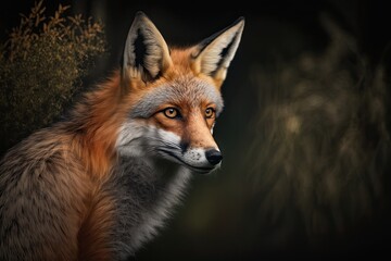 Fototapeta premium Close up of a red fox (Vulpes vulpes) in a forest at night in the UK. Generative AI