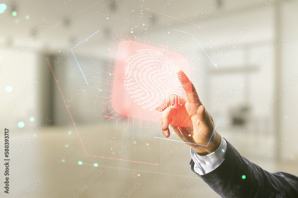 Aufkleber Multi exposure of man hand working with virtual fingerprint scan interface on blurred office background, digital access concept