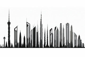 Fototapeta premium Skyline of skyscrapers drawn on a white background. Generative AI