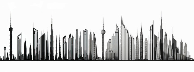 Skyline of skyscrapers drawn on a white background. Panoramic view. Generative AI