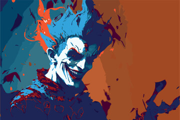 Mad crazy jester. Vector illustration of scary clown. Horror circus head. Cartoon design of creepy smile. Funny spooky man in a mask costume. Joker with angry look. Evil hand drawn halloween character