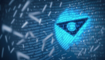 Email and cyber security concept. Phishing, hacking, virus and account theft dangers. Illustration with blue e - mail icon and binary code background