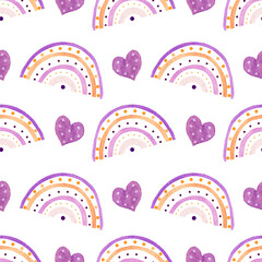 Watercolor pattern with cute abstract elements in purple tones on white background. For childish products, wrapping, etc