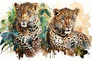 Naklejka premium Watercolor cute leopards. Jaguar, exotic wild cat, real animals. Generative AI