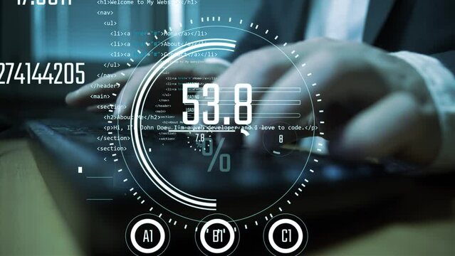 keyboard hands typping closeup video with programming template concept code language working in hud interface animation