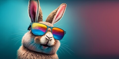 Naklejka na ściany i meble A colorful background featuring a bunny with sunglasses, giving a cool and trendy vibe