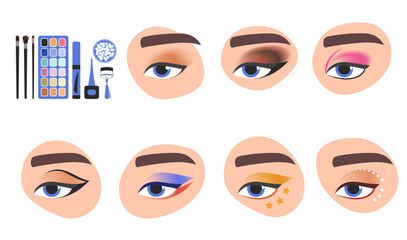 Eye makeup set vector illustration. Cartoon artist tutorials, accessories and cosmetic products collection with different glamour eyeshadow, mascara and eyeliner techniques, fashion style and colors - obrazy, fototapety, plakaty