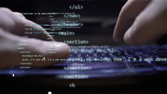 keyboard hands typing closeup video with programming template concept code language working.