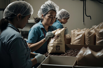 Generative AI image of Asian female workers in uniform and protective hats packing food in plastic bags while working on factory
