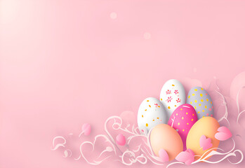 Fototapeta na wymiar pink background with colored eggs easter day with space for text 