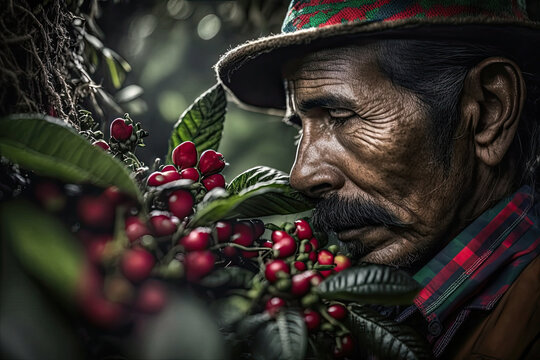 Generative AI illustration of senior farmer near coffee tree