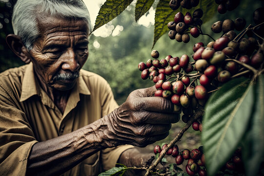 Generative AI illustration of senior farmer collecting coffee beans