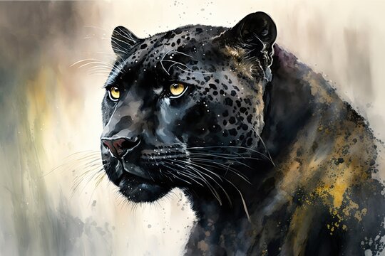 Watercolor picture of a black jaguar. Generative AI