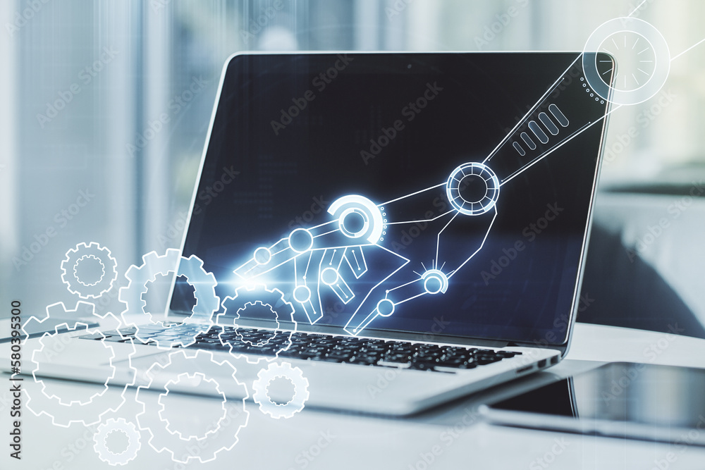 Aufkleber double exposure of robotics technology hologram on laptop background. research and development softw