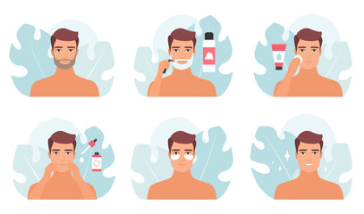 Shaving and facial skincare routine of man in bathroom set vector illustration. Cartoon male characters shave with razor, apply treatment serum and beauty products, eye patches to care and clean skin