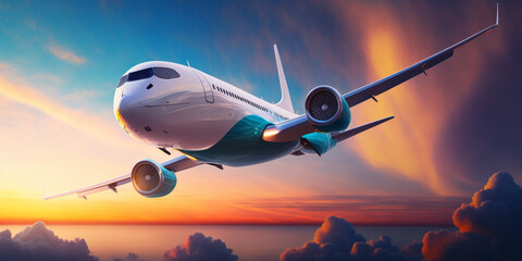 Fototapeta na wymiar plane flying on horizon between cloud and sunset