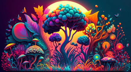 Obraz na płótnie Canvas illustration of a psychedelic neon magic garden with a tree of life and mushrooms, created with generative ai