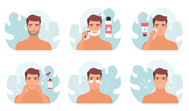 Shaving and facial skincare routine of man in bathroom set vector illustration. Cartoon male characters shave with razor, apply treatment serum and beauty products, eye patches to care and clean skin