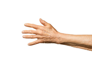 Old senior woman's hand isolated on white background.