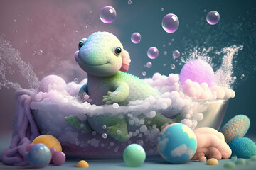 Baby Dinosaur In A Bathtub With Soap Bubbles, Abstract Pastel Concept Of A Small Baby Dinosaur, A Reptile Lying In A Bathtub, A Soap And Soap Bubbles, Generative Ai