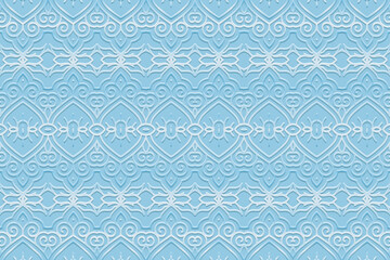 Embossed ethnic abstract blue background, cover design. Geometric openwork 3D pattern, press paper, leather. Motives of the East, Asia, India, Mexico, Aztecs, Peru. Dudling, boho, art deco.