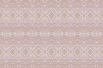 Embossed ethnic original light background, cover design. Geometric openwork 3D pattern, press paper, leather. Motives of the East, Asia, India, Mexico, Aztecs, Peru. Dudling, boho, art deco.