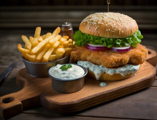 A delicious fish burger with a golden, crispy panko-breaded fish fillet, topped with a generous dollop of creamy homemade tartar sauce with a side of crispy fries. AI generated