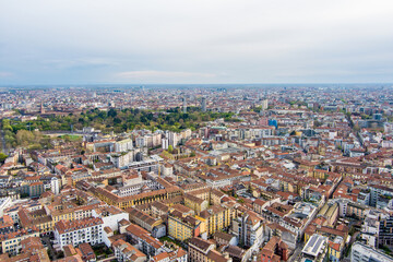 Aerial view of Milan skyline with modern skyscrapers in Porto Nuovo business district, Italy. Panorama of Milano city. Spring panoramic view of Milan from above. Milan, Italy.