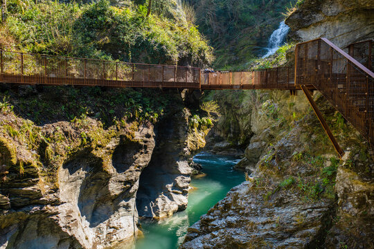 Orrido di Bellano, natural gorge created by the erosion of Pioverna river, shaped into gigantic potholes, dark ravines and suggestive caves. Bellano, Italy.