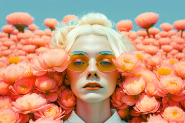 Fashion blonde model woman wearing sunglasses surrounded by coral color flowers in a meadow in spring and blue sky.. Spring. Illustration, Generative AI
