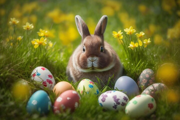 Easter bunny and Easter eggs on green grass field. Generative AI.