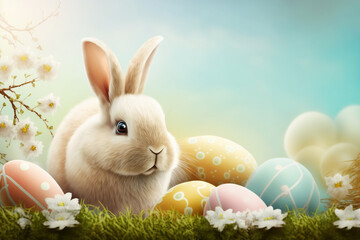 Fototapeta premium Easter bunny and Easter eggs on green grass field. Generative AI.