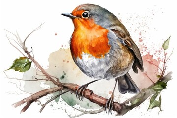 Watercolor picture of a robin. Small bird in a garden, drawn by hand up close. One picture of a beautiful singing bird. Realistic drawing element of a small robin on a white background. Generative AI