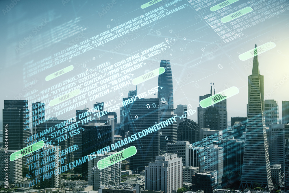 Aufkleber multi exposure of abstract software development hologram on san francisco skyscrapers background, re