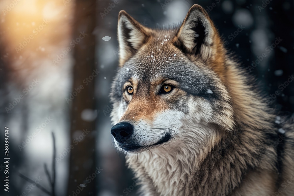 Canvas Prints Wolf close up in the forest. Winter scene of wildlife in the wild. The natural home of a wild animal. Generative AI