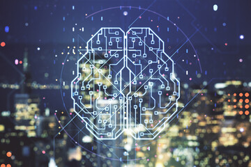 Virtual creative artificial Intelligence hologram with human brain sketch on blurry skyscrapers background. Double exposure