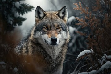 Wolf close up in the forest. Winter scene of wildlife in the wild. The natural home of a wild animal. Generative AI