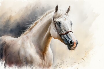 White purebred Arab horse on a watercolor painting. Generative AI