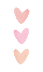 3 Painted Hearts isolated on a White Background. Love Symbol. Simple Romantic Vector Illustration ideal for Card, Banner, Wall Art, Poster. No text. Light Red, Coral and Pastel Pink Hearts.