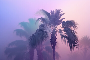 Fototapeta na wymiar Tropical palms jungle in mist, nature mysterious rainforest background with light rays shining through forest canopy framing copy space. Generative AI