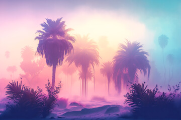 Fototapeta na wymiar Wallpaper background travel adventure of color gradient tropical palm trees in jungle mist fog day. Generative AI