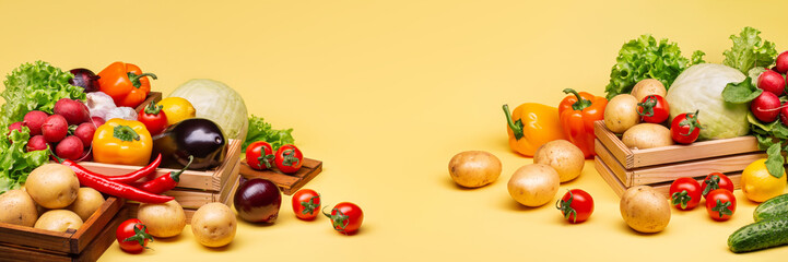 A rich harvest of vegetables on a yellow background. Potatoes, onions, radishes, peppers, tomatoes, eggplant, green salad, garlic in wooden boxes. Horizontal banner.