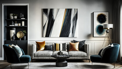 AI Generative Illustration of a Creative Photo of a modern living room, featuring a sofa, armchair, and creative artwork set against a luxurious wall background